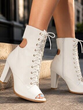 Wild Diva White Lace-Up Peep-Toe Block Heel Booties